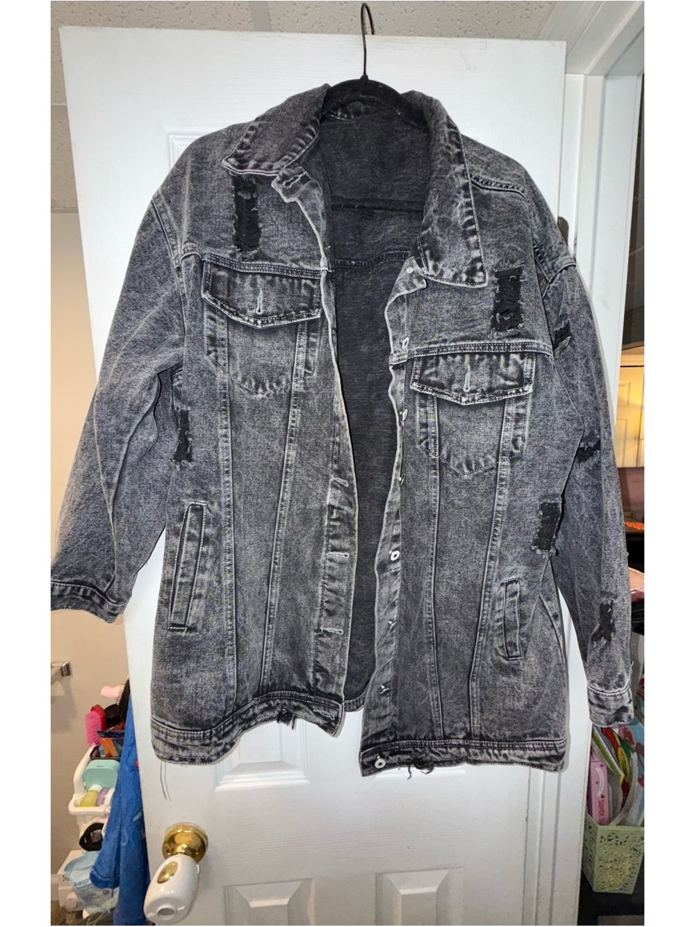 Distressed Washed Black Denim Jacket